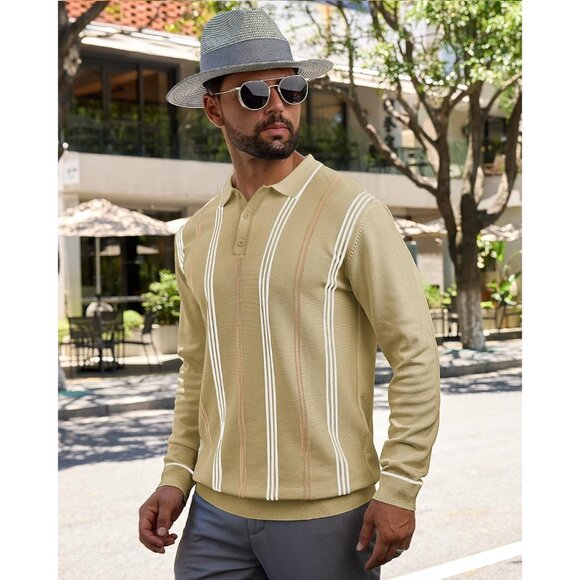 Men's Knit Polo Sweater Long Sleeve Striped Thermal Button Collar Sweater Khaki - Picture 2 of 7